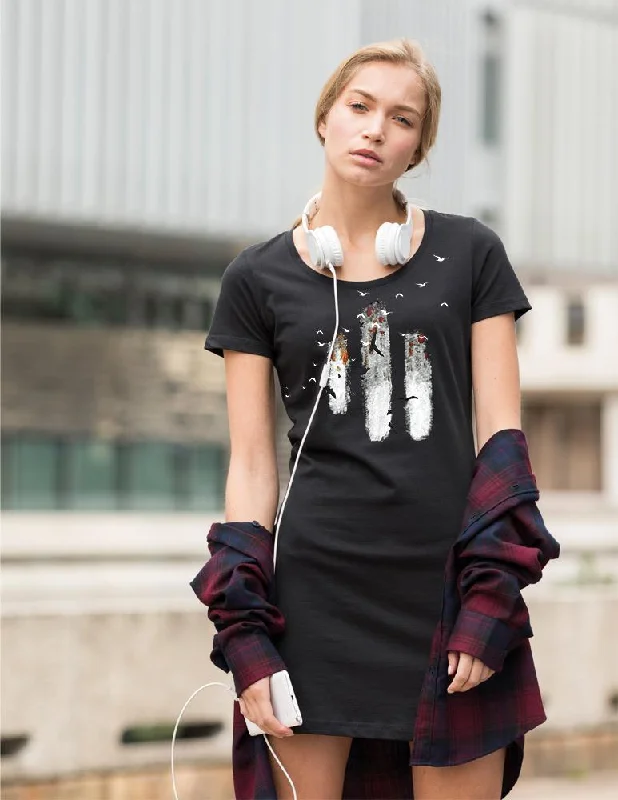Abstract birds t-shirt dress, hand painted Ribbed Striped Patterned