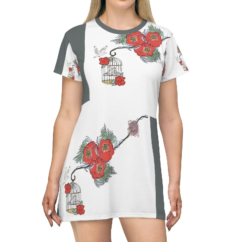 All Over Print T-Shirt Dress BIRD CAGE Terry Blend Velvet Blend Canvas Blend