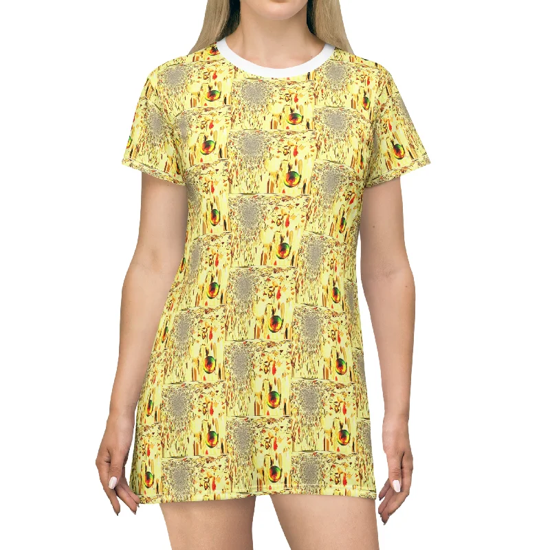 All Over Print T-Shirt Dress Cascade Welt Pockets Slit Pockets