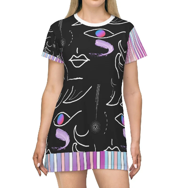All Over Print T-Shirt Dress FACE DOODLES & CANDY STRIPES Front Pockets Side Pockets Patch Pockets