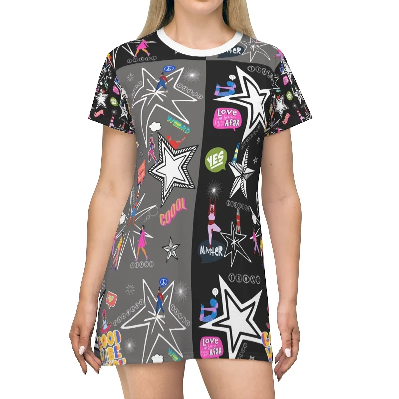 All Over Print T-Shirt Dress GOOD VIBE TRIBE Welt Pockets Slit Pockets