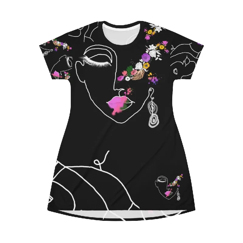 All Over Print T-Shirt Dress PALETTE OF BLOOM Asymmetrical Pockets Print