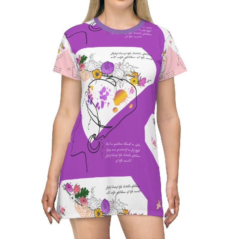 All Over Print T-Shirt Dress PURPLE INCLUSION Front Pockets Side Pockets Patch Pockets All Over Print T-Shirt Dress PURPLE INCLUSION Front Pockets Side Pockets Patch Pockets