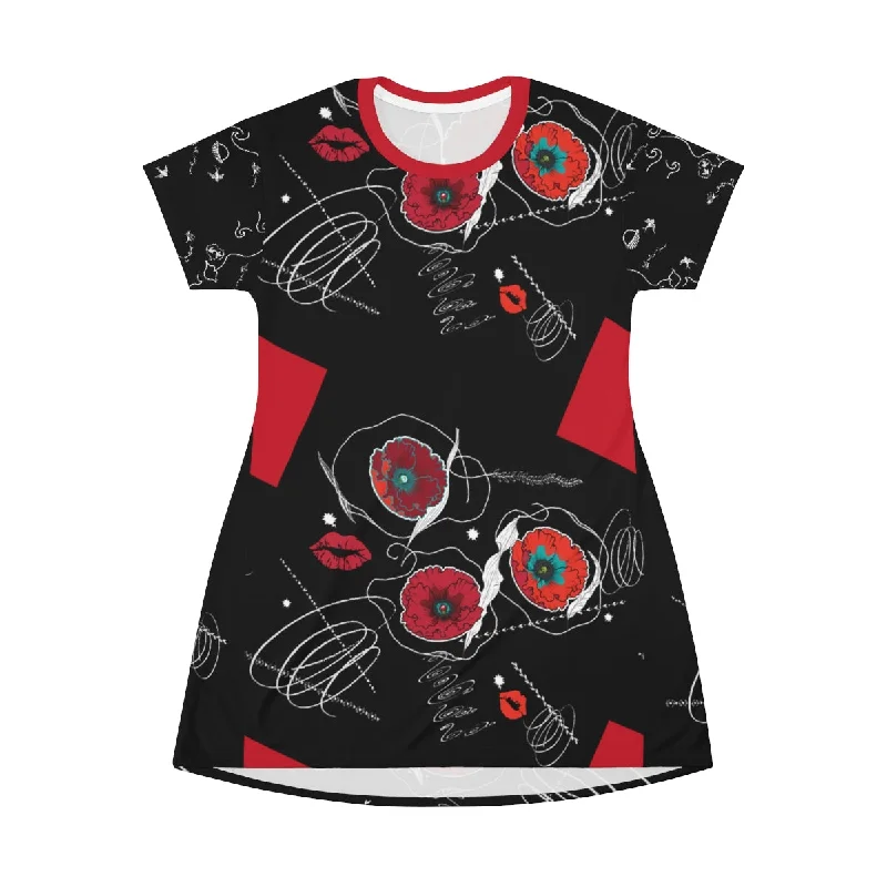 All Over Print T-Shirt Dress RUBY FLOWERS DOODLES ON BLACK Thin T-Shirt Open Front Quick Dry All Over Print T-Shirt Dress RUBY FLOWERS DOODLES ON BLACK Thin T-Shirt Open Front Quick Dry