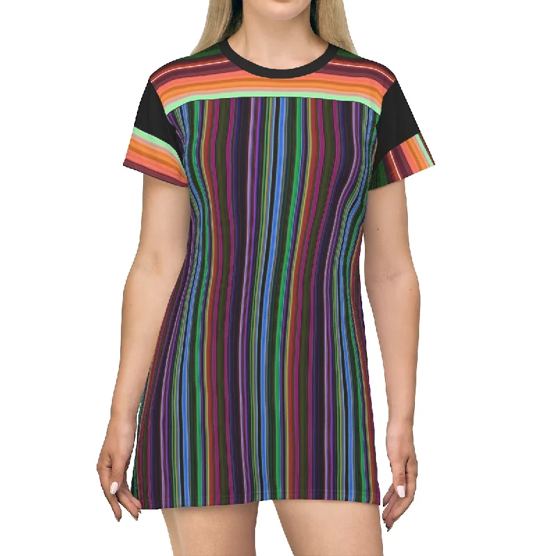 All Over Print T-Shirt Dress STRIPES Basic T-Shirt Crew Neck Short Sleeve