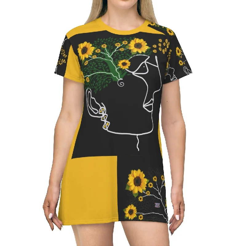 All Over Print T-Shirt Dress SUNFLOWER DOODLES Fashionable Trendy Casual