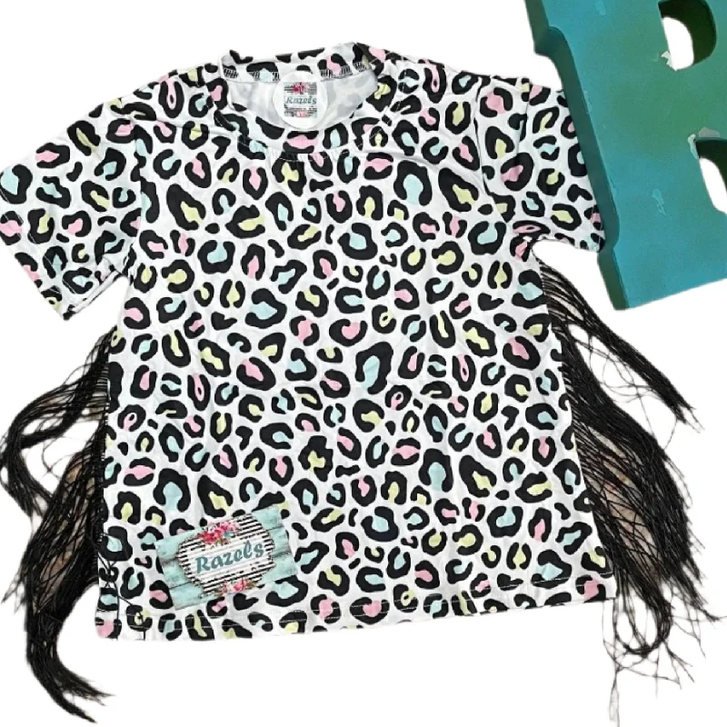 Cheetah Print Fringe Dress – Girls Colorful Animal Print BOHO T-Shirt Dress Graphic Embroidered Appliqued Cheetah Print Fringe Dress – Girls Colorful Animal Print BOHO T-Shirt Dress Graphic Embroidered Appliqued