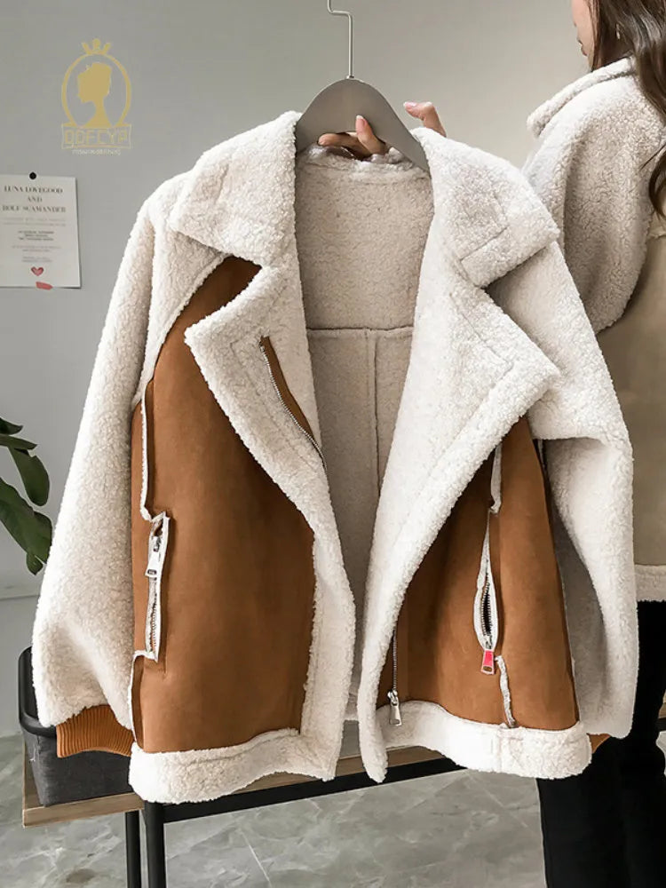 Getadme-Autumn Winter Women's Coats New Casual Loose Patchwork Outerwear Harem Korean Vintage Crop Pockets Lambhair Jacket Women Herringbone Jacket Houndstooth Jacket Plaid Jacket