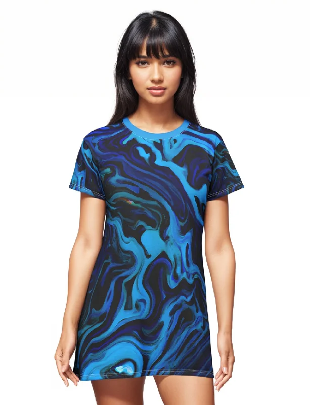 Azure Cascade T-Shirt Dress Oversized T-Shirt Spandex breathable