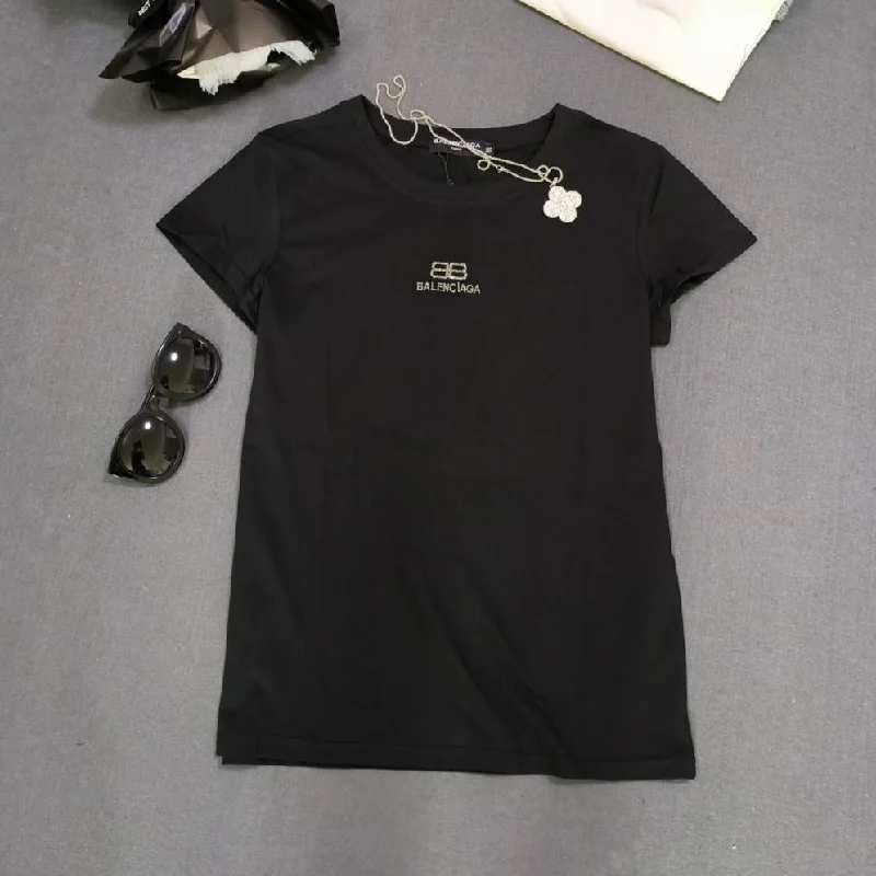 BB Initial Black T-shirt For Women Silk Blend Satin Velvet