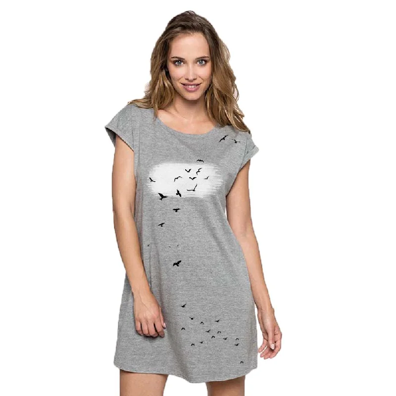 Birds flowy t-shirt dress, grey Oversized T-Shirt Spandex breathable