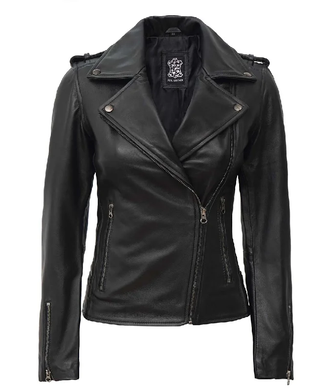 Black Asymmetrical Leather Motorcycle Jacket For Women Front Pockets Side Pockets Patch Pockets