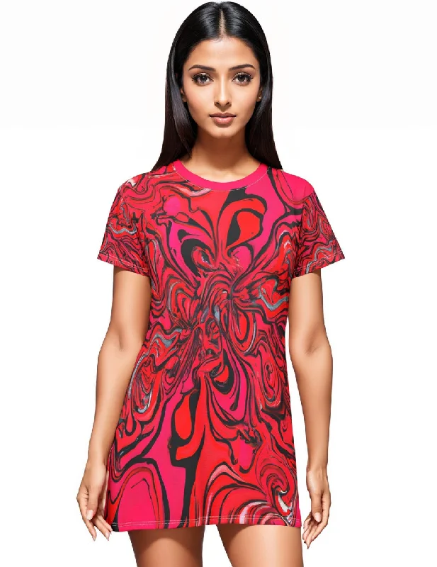 Black Pink Trip T-Shirt Dress Collared Crew Neck Turtle Neck