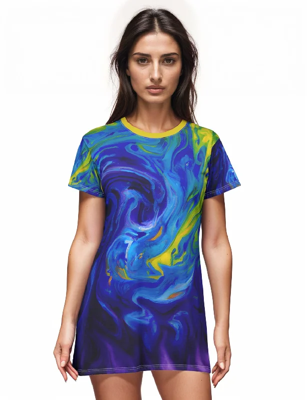 Blue Vortex T-Shirt Dress Print Jacquard Patchwork