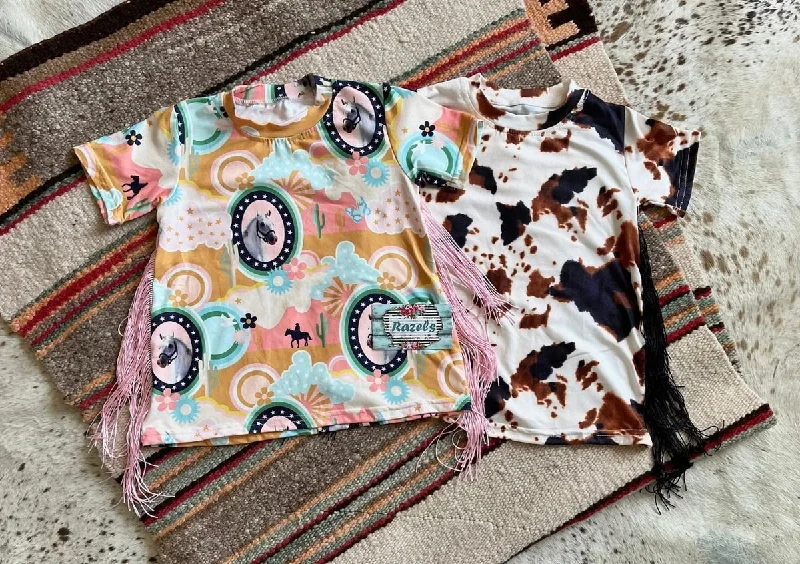 Western Fringe T-Shirt Dress | Girls Horse Cowprint Dress | BOHO Horse Tunic Zippered Buttoned Snapped