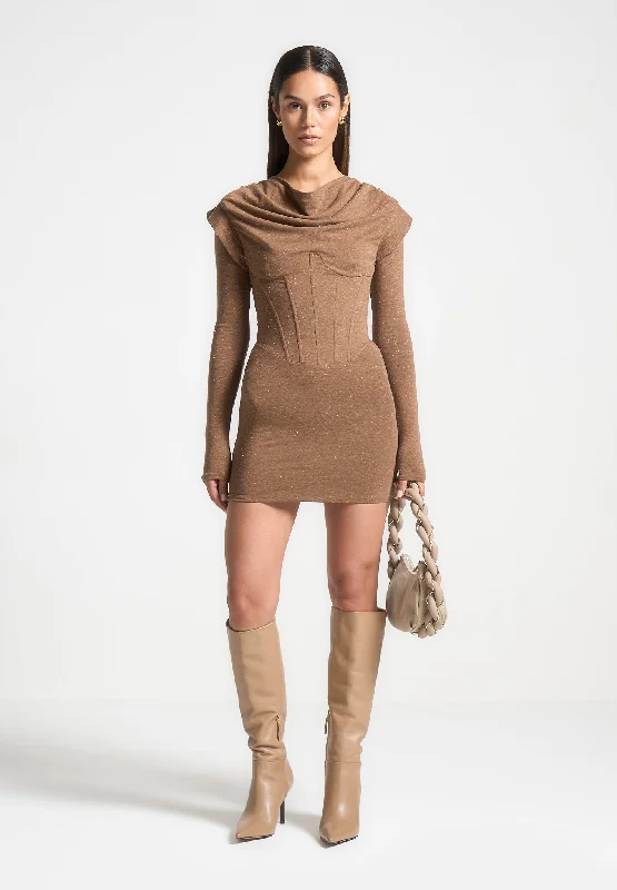 Draped Corset Overlay T-Shirt Mini Dress - Brown Marl Front Pockets Side Pockets Patch Pockets Draped Corset Overlay T-Shirt Mini Dress - Brown Marl Front Pockets Side Pockets Patch Pockets