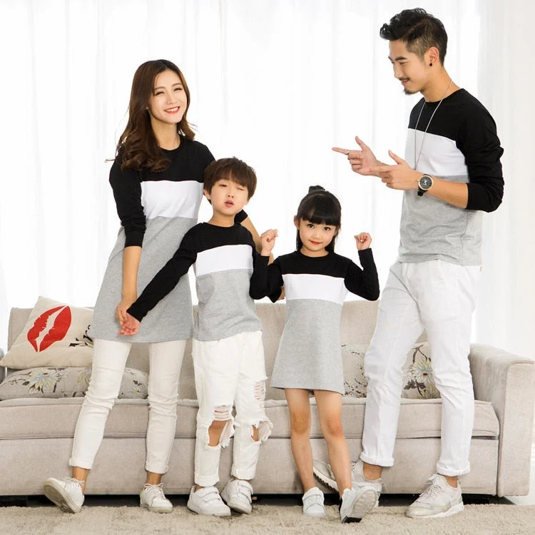 Family Matching Clothes Outfits Mother Daughter Dress Family Look Father Son T-Shirt Long Sleeve Cotton Family Matching Clothing Hooded Caped Shawl Collar