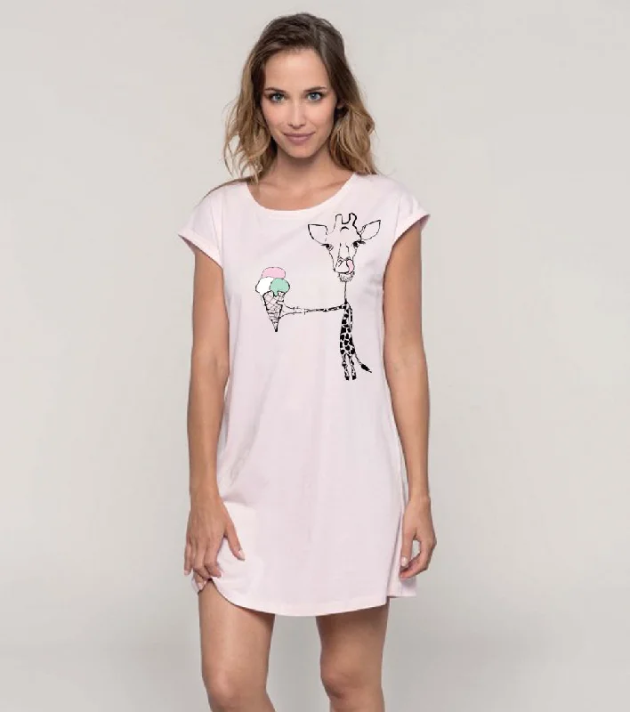 Giraffe with ice cream flowy t-shirt dress, blush pink Hooded Caped Shawl Collar