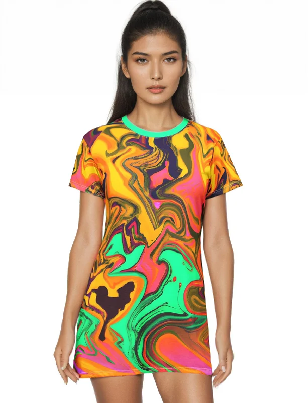 Gold Green Vibrations T-Shirt Dress Welt Pockets Slit Pockets Flap Pockets