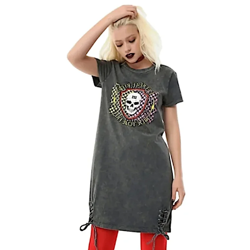 Hot Topic Grey Acid Wash Skull Graphic T-Shirt Dress | Ride Free Tie Dress Seamless Knitted Crochet