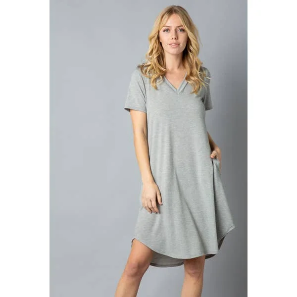 Ladies Soft T-Shirt Tunic Dress with Pockets, Heather Grey Hooded Caped Shawl Collar Ladies Soft T-Shirt Tunic Dress with Pockets, Heather Grey Hooded Caped Shawl Collar