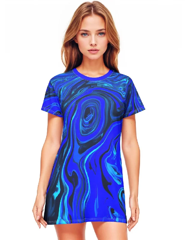 Liquid Blue Ice T-Shirt Dress Notch Collar Peter Pan Collar Cowl Neck