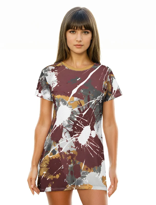 Maroon Gold Splash T-Shirt Dress Elasticated Padded Insulated