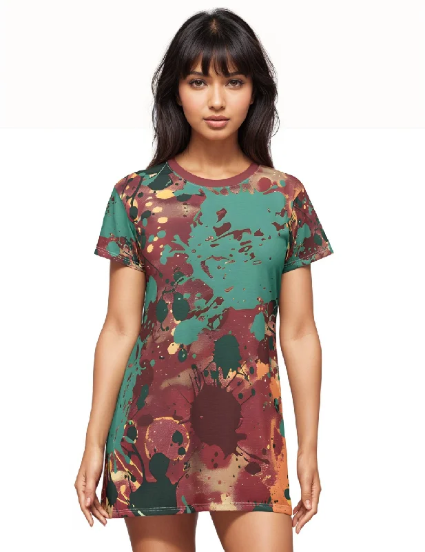 Marsala Splash T-Shirt Dress Solid Print Embellished