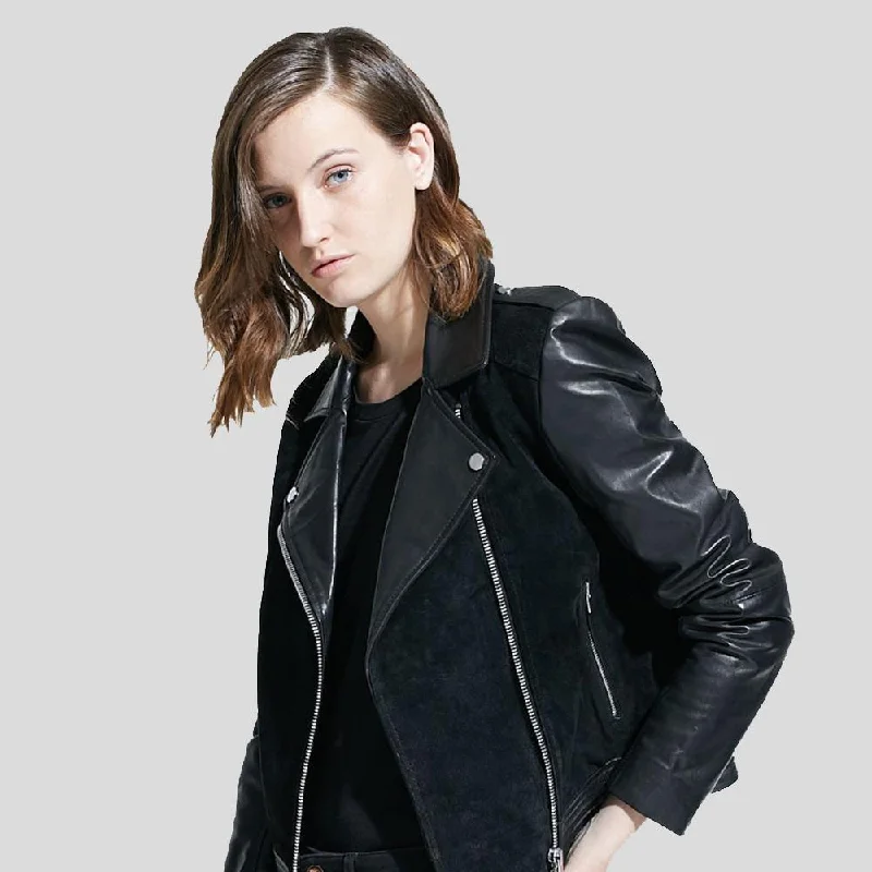 Mia Black Biker Leather Jacket Notch Collar Peter Pan Collar Cowl Neck