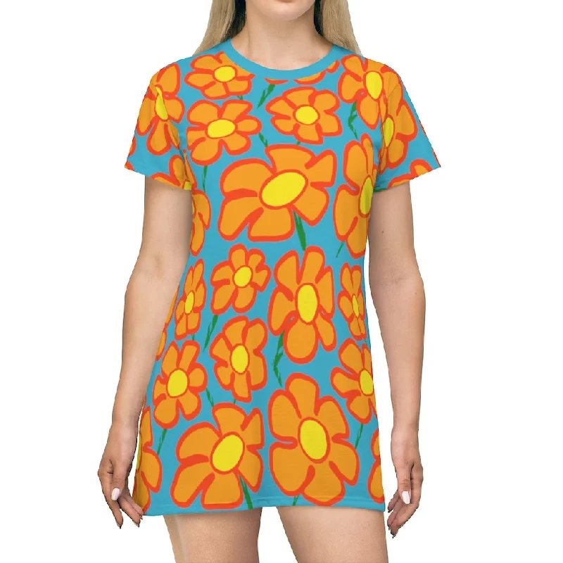 Orangeflower Pattern on Cyan - AOP T-Shirt Dress Anti-Pilling Machine Wash Handmade