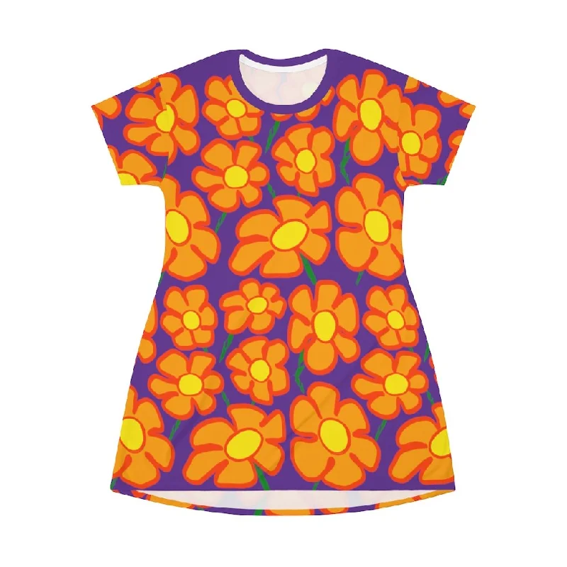 Orangeflower Pattern on Dark Violet - AOP T-Shirt Dress Basic T-Shirt Crew Neck Short Sleeve Orangeflower Pattern on Dark Violet - AOP T-Shirt Dress Basic T-Shirt Crew Neck Short Sleeve