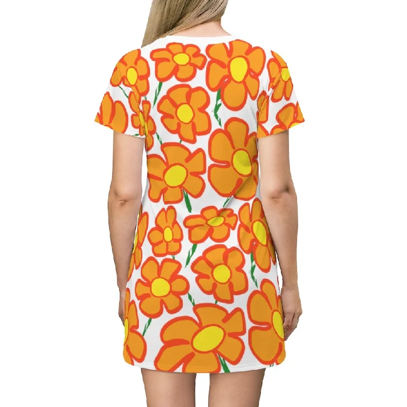 Orangeflower Pattern on White - AOP T-Shirt Dress Handmade Hand-knitted Hand-woven