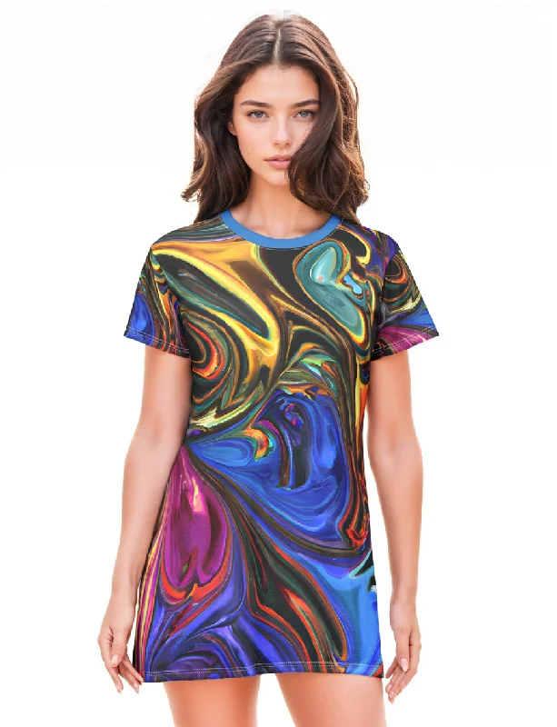 Painted Serenity T-Shirt Dress Front Pockets Side Pockets Patch Pockets