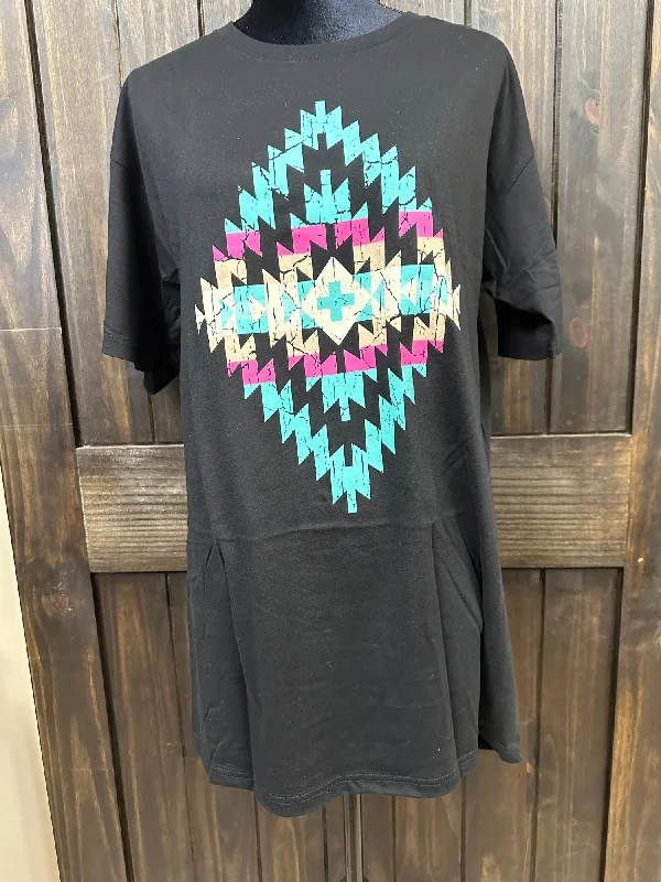 "Pink & Turquoise Aztec" T-Shirt Dress Welt Pockets Slit Pockets