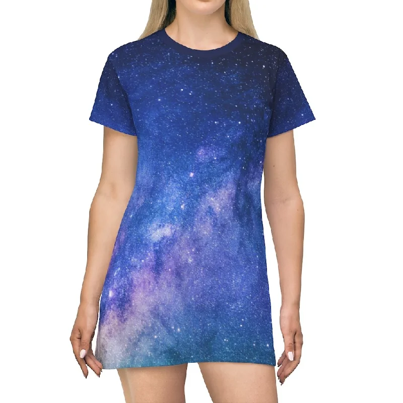 Starscape - AOP T-Shirt Dress Real Fur Shearling Chenille
