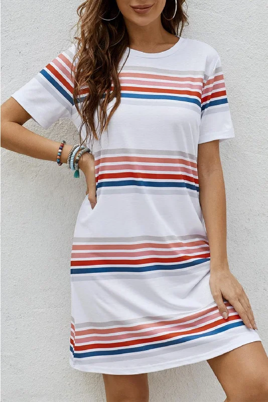 Striped Print Round Neck T-shirt Mini Dress Polka Dot Checkered Tartan