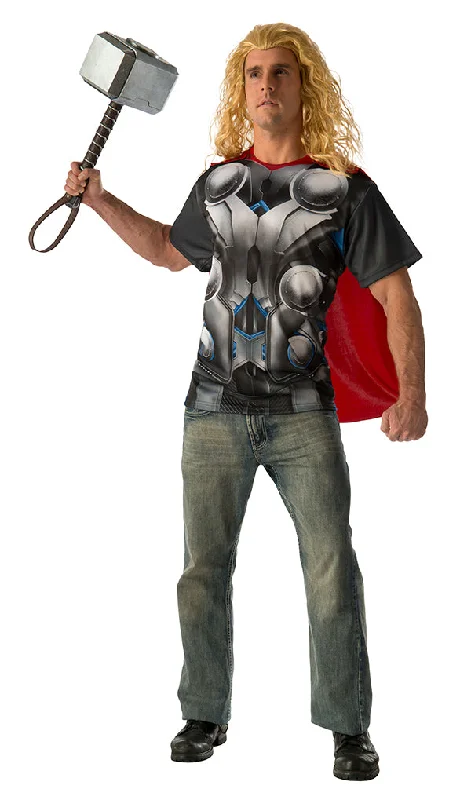 Thor Mens T-Shirt and Cape Costume Collared Crew Neck Turtle Neck