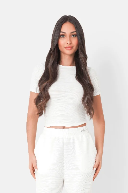 T-shirt texturé wavy bijou Blanc Notch Collar Peter Pan Collar Cowl Neck