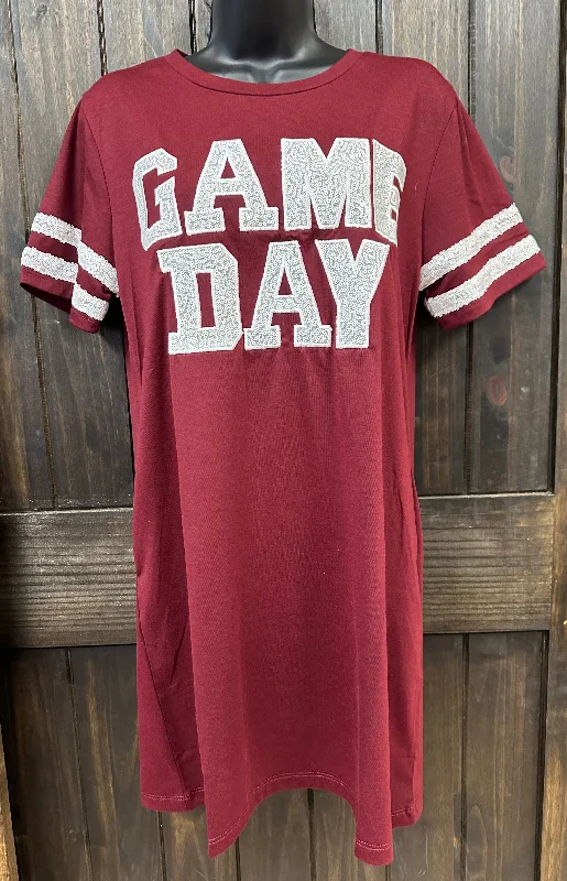 "White Sequin Game Day" Maroon T-Shirt Dress Casual Formal Business