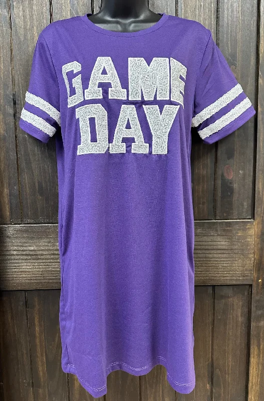 "White Sequin Game Day" Purple T-Shirt Dress Real Fur Shearling Chenille