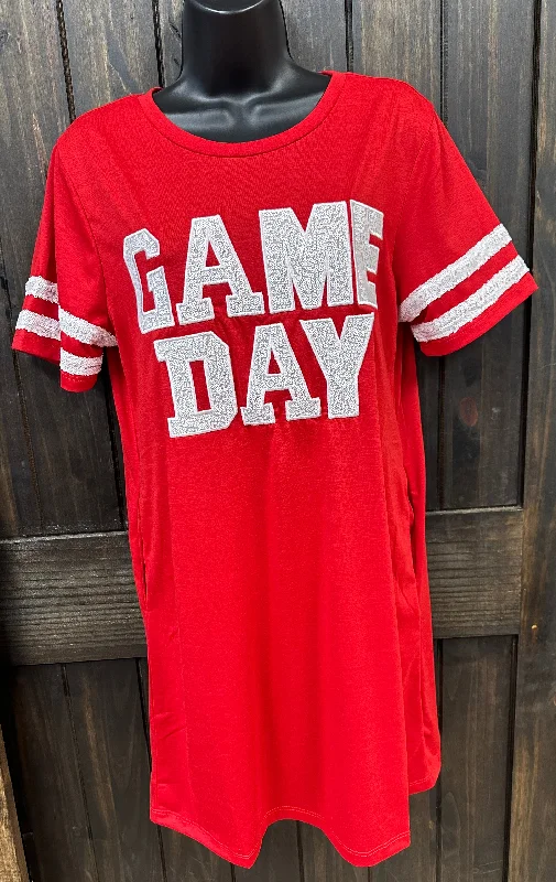 "White Sequin Game Day" Red T-Shirt Dress Fleece Nylon Spandex