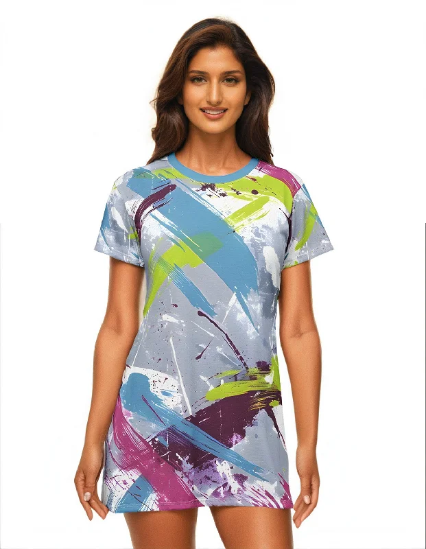 Women's Cerulean Splash T-Shirt Dress Chenille Brocade Lace