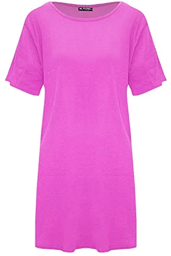 Womens Plain Tunic Oversized Ribbed Plain T-Shirt Dress Striped Floral Plaid