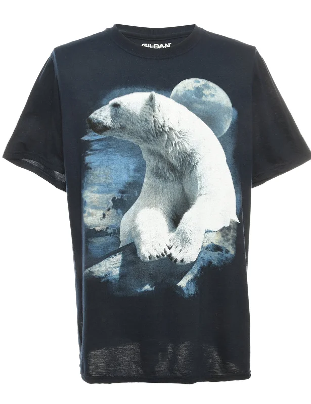 Navy Gildan Animal T-shirt - L Graphic T-Shirt Round Neck Polyester