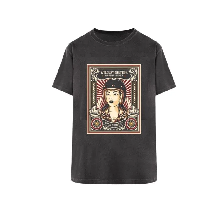 Wildust Sisters Wild Goddess T-Shirt in Black Collared T-Shirt Boat Neck A-Line