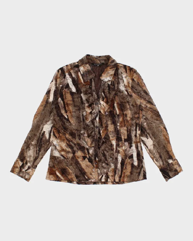 00s Textured Ruffled Brown Blouse - M Loose Fit Blouse