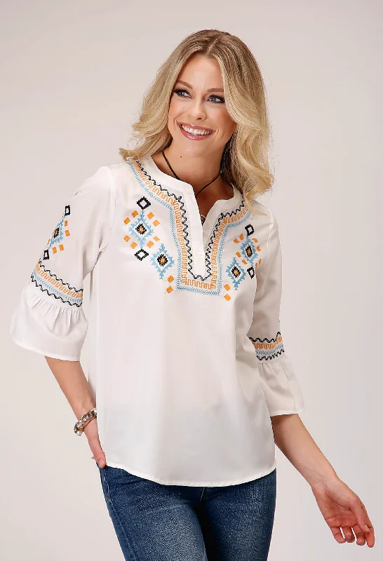 WOMENS LONG SLEEVE PULLOVER POLY CREPE V NECK PEASANT WESTERN BLOUSE WITH THREE QUARTER BELL SLEEVES EMBROIDERY Pleated Collar Blouse WOMENS LONG SLEEVE PULLOVER POLY CREPE V NECK PEASANT WESTERN BLOUSE WITH THREE QUARTER BELL SLEEVES EMBROIDERY Pleated Collar Blouse