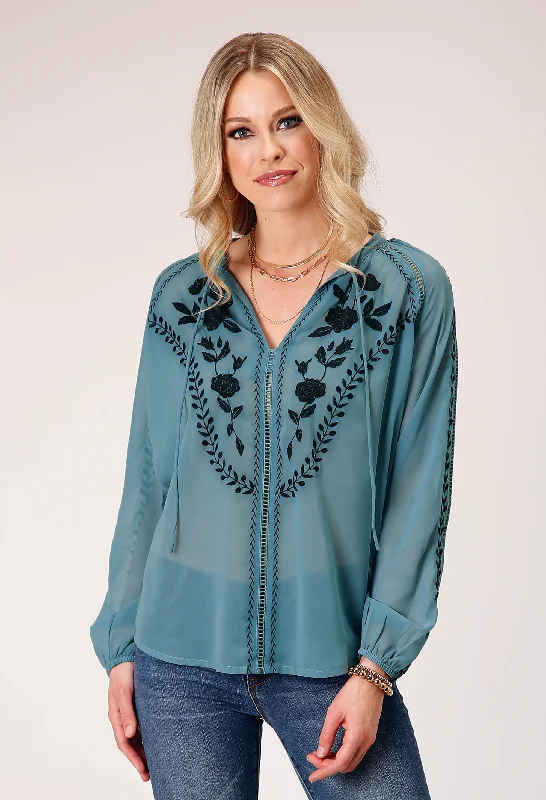 WOMENS LONG SLEEVE PULLOVER POLY GEORGETTE PEASANT WESTERN BLOUSE WITH STAND COLLAR WITH SELFRONT TIE EMBROIDERY Oversized Silk Blouse WOMENS LONG SLEEVE PULLOVER POLY GEORGETTE PEASANT WESTERN BLOUSE WITH STAND COLLAR WITH SELFRONT TIE EMBROIDERY Oversized Silk Blouse