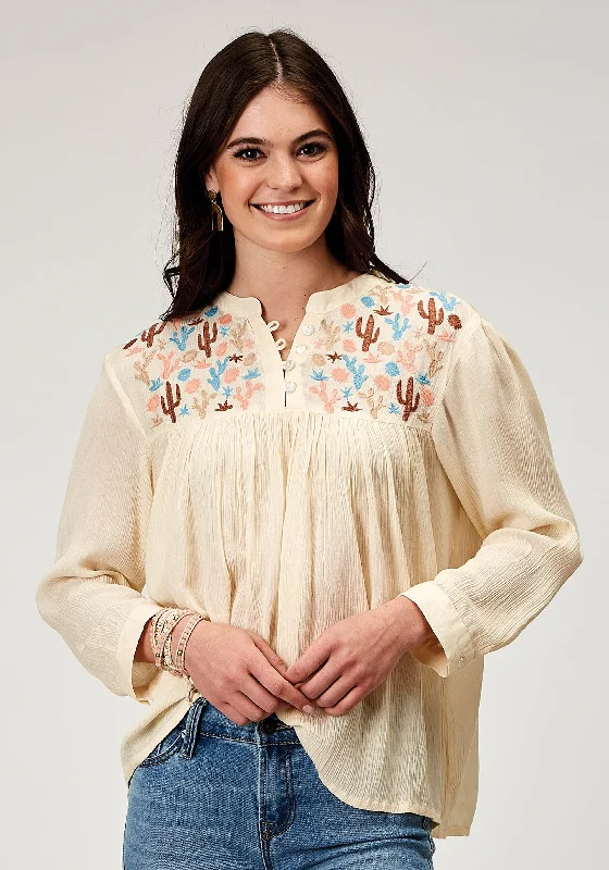 WOMENS LONG SLEEVE PULLOVER RAYON CREPE WESTERN BLOUSE WITH EMBROIDERY ON YOKES Classic Minimalist Blouse WOMENS LONG SLEEVE PULLOVER RAYON CREPE WESTERN BLOUSE WITH EMBROIDERY ON YOKES Classic Minimalist Blouse