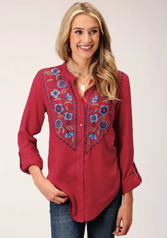 WOMENS LONG SLEEVE RASPBERRY RAYON CHALLIS  BLOUSE Side Tie Blouse